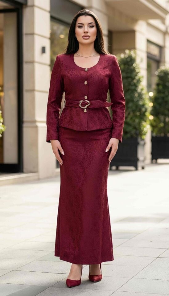 Jakar Kumaş, Düğme ve Kemer Detaylı Abiye Kadın Takım Elbise | Doğaner Women (D72)