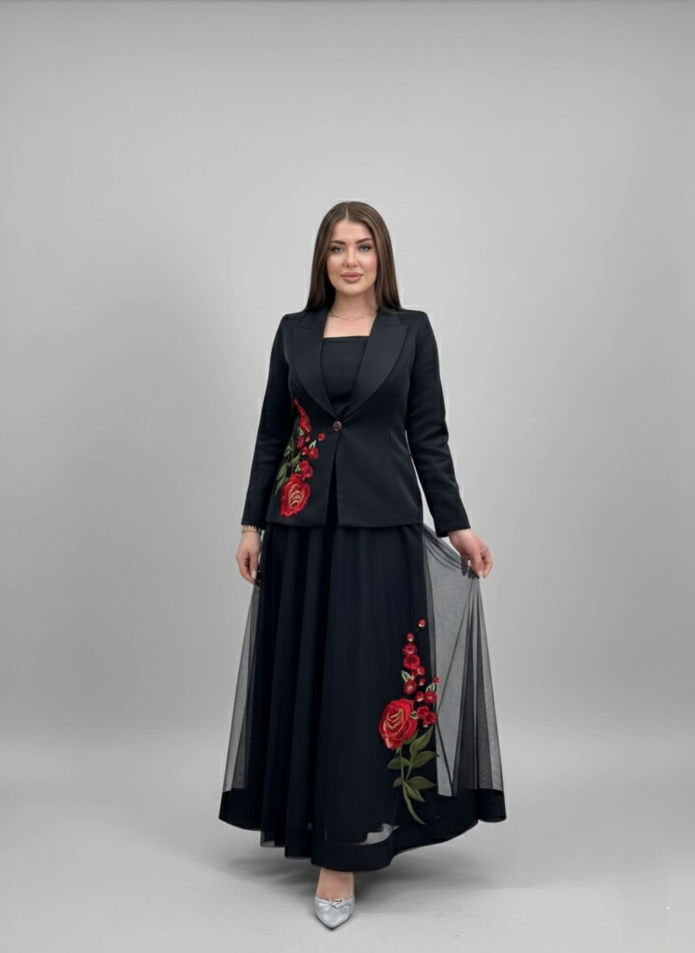 Doğaner Women | Gül Nakış İşlemeli, Etekli Kadın Takım Elbise (4396)