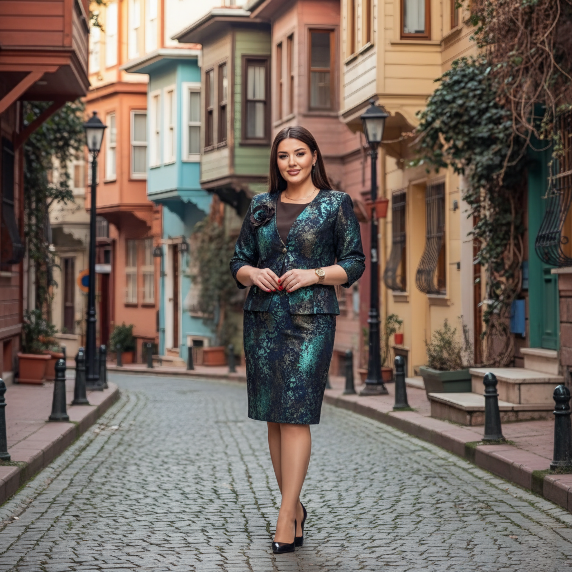 Doğaner Women | Jakar Kumaş, Çiçek Broş Detaylı, Etekli Kadın Takım Elbise (4415)