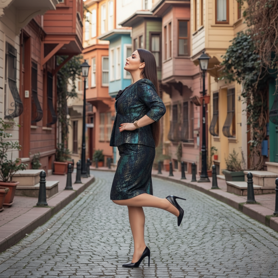 Doğaner Women | Jakar Kumaş, Çiçek Broş Detaylı, Etekli Kadın Takım Elbise (4415)