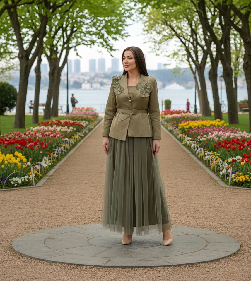 Doğaner Women | Kemer ve Çiçek Broş Detaylı, Etekli Kadın Takım Elbise (4377)