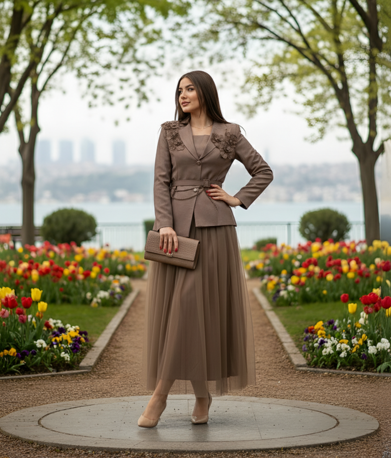 Doğaner Women | Kemer ve Çiçek Broş Detaylı, Etekli Kadın Takım Elbise (4377)