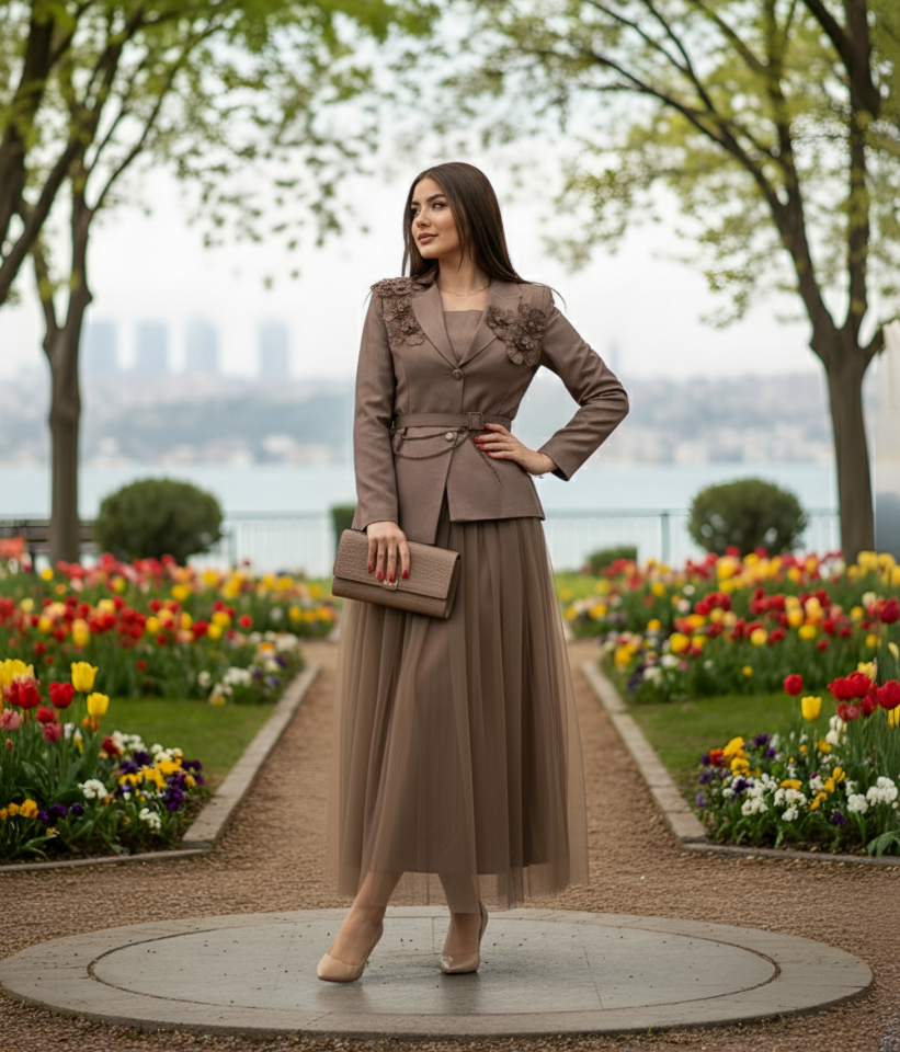 Doğaner Women | Kemer ve Çiçek Broş Detaylı, Etekli Kadın Takım Elbise (4377)