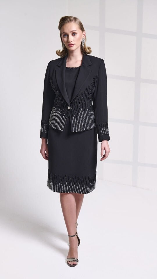 Doğaner Women | Boncuk İşlemeli, Erkek Yaka, Etekli Kadın Takım Elbise (4284)