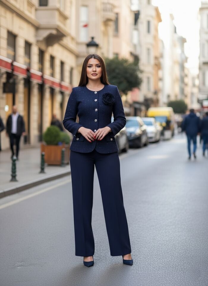 Doğaner Women | Triko Kumaş, Çiçek Broş Detaylı, Pantolonlu Kadın Takım Elbise (4406)