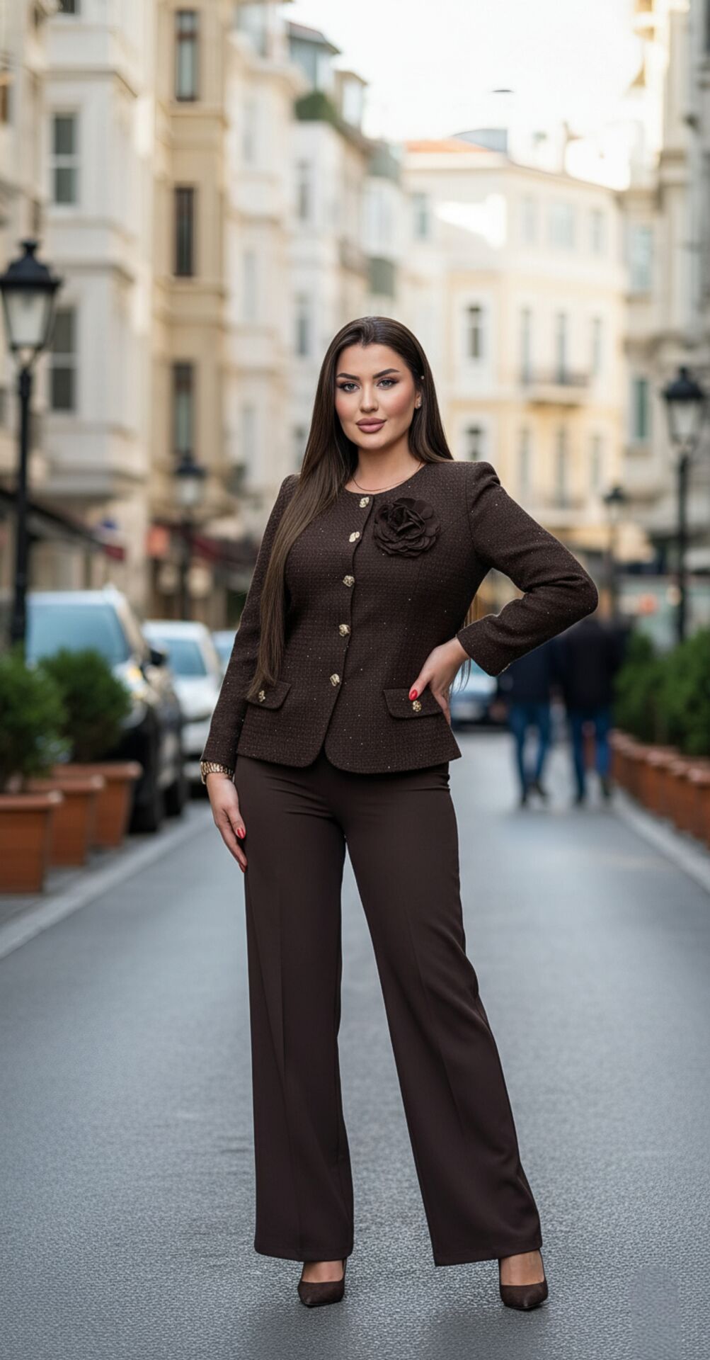 Doğaner Women | Triko Kumaş, Çiçek Broş Detaylı, Pantolonlu Kadın Takım Elbise (4406)