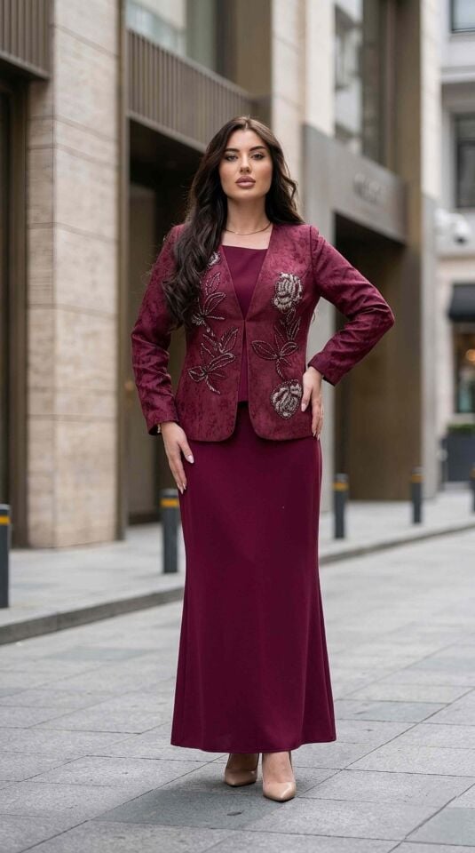 Jakar Ceket, Boncuk İşlemeli, Etekli Kadın Abiye Takım Elbise | Doğaner Women (4445)