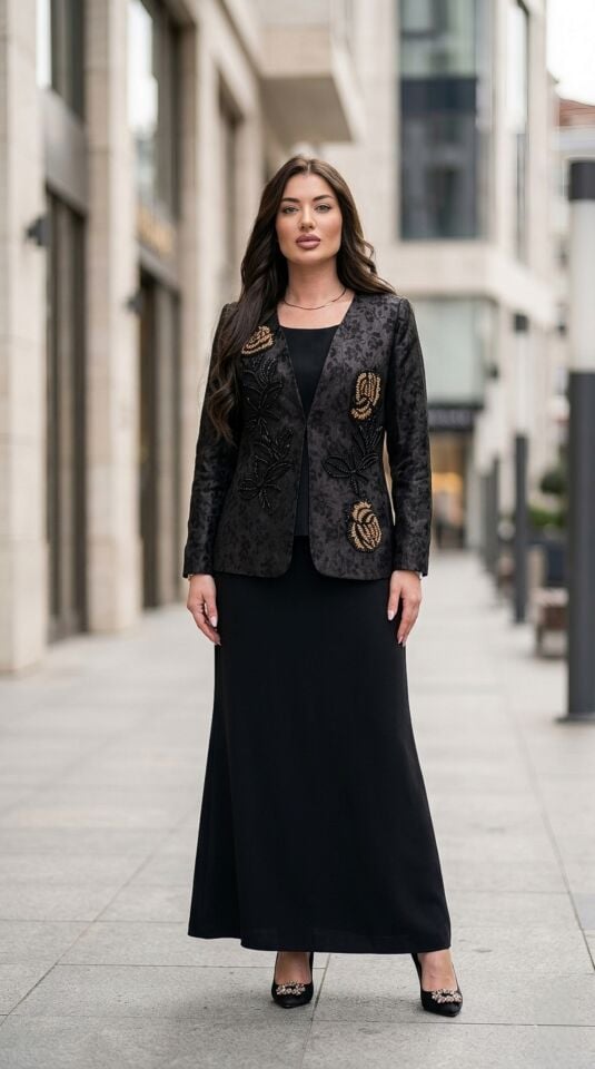 Jakar Ceket, Boncuk İşlemeli, Etekli Kadın Abiye Takım Elbise | Doğaner Women (4445)