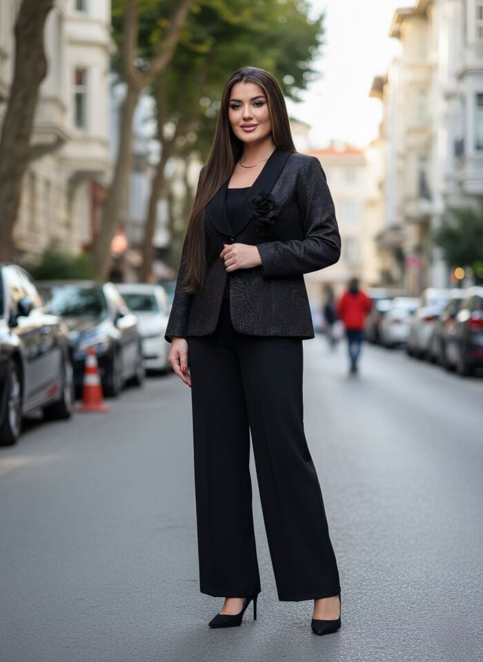 Doğaner Women | Jakar Kumaş, Çiçek Broş Detaylı, Pantolonlu Kadın Takım Elbise