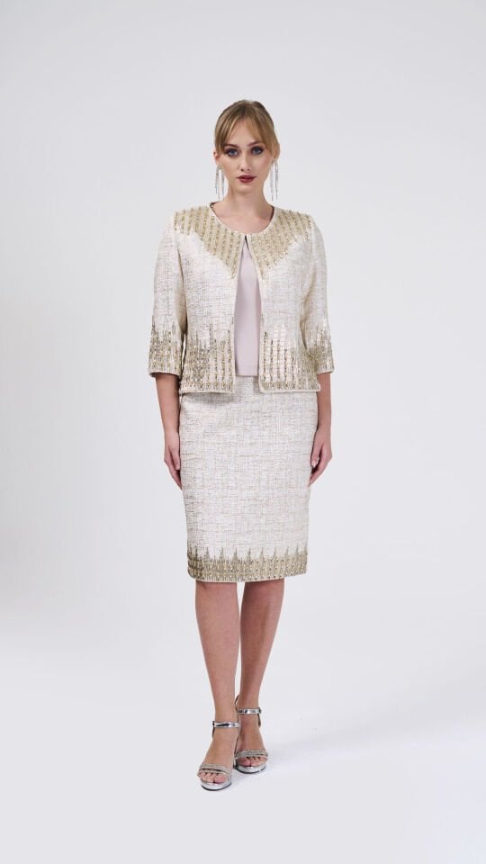 Doğaner Women | Jakar Kumaş, Boncuk İşlemeli, Etekli Kadın Takım Elbise (4206)