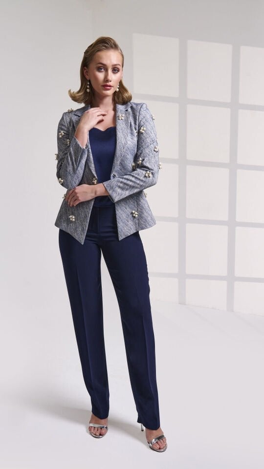 Doğaner Women | Taş İşlemeli, Jakar Ceket, Pantolonlu Kadın Takım Elbise (4301)