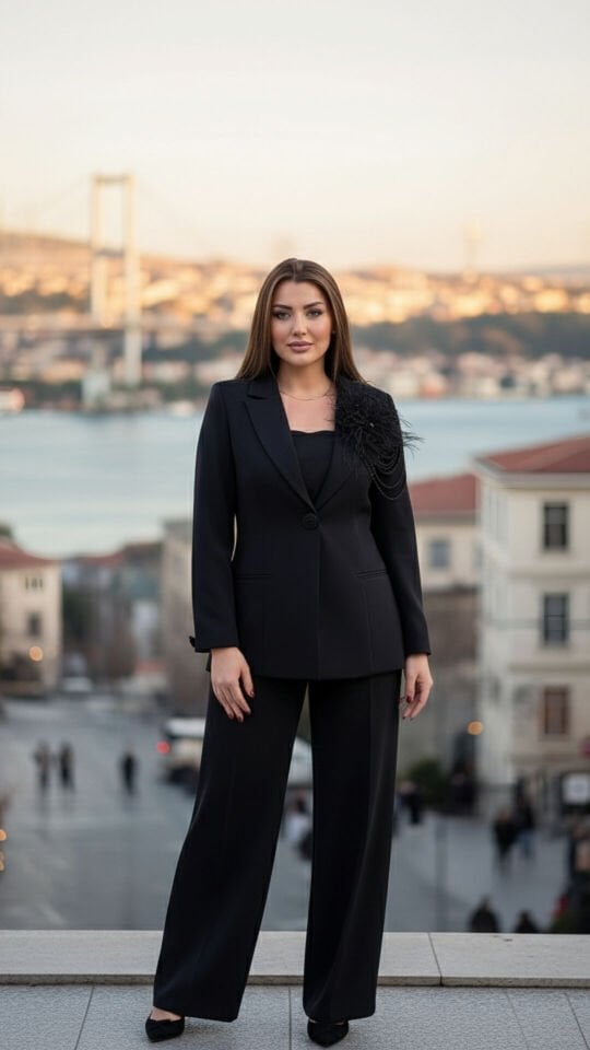 Doğaner Women | Broş ve Boncuk Detaylı Pantolonlu Kadın Takıım Elbise (4430)
