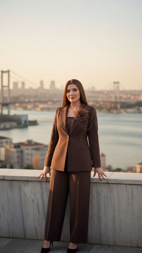 Doğaner Women | Broş ve Boncuk Detaylı Pantolonlu Kadın Takıım Elbise (4430)