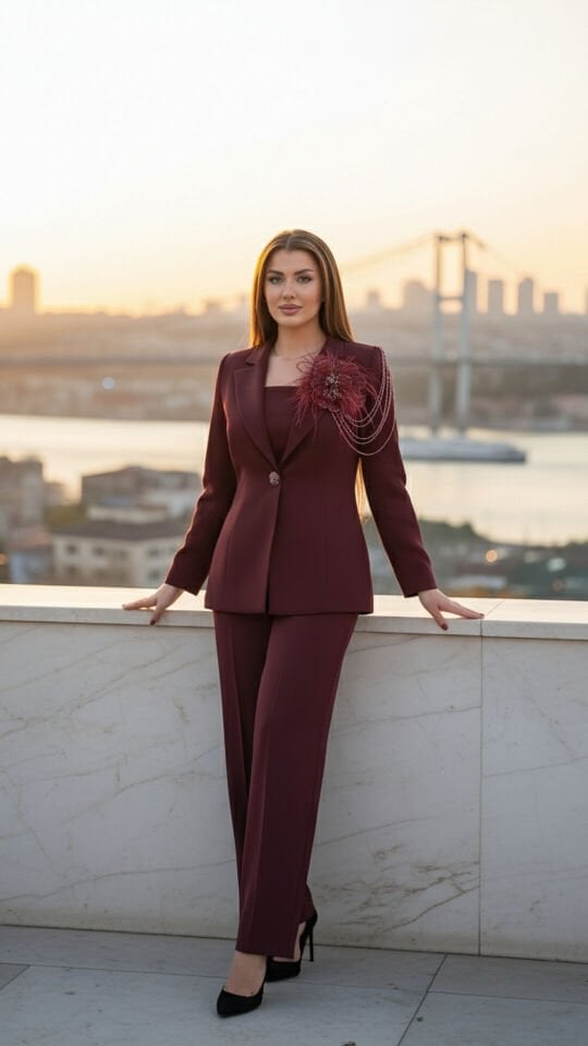 Doğaner Women | Broş ve Boncuk Detaylı Pantolonlu Kadın Takıım Elbise (4430)