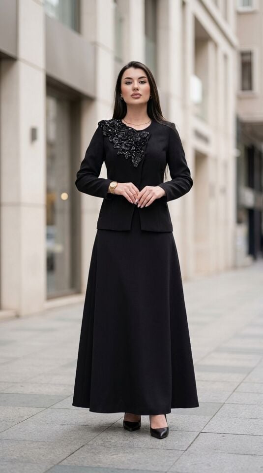 Yaka Çiçek Güpür İşlemeli, Etekli Kadın Abiye Takım Elbise | Doğaner Women (4463)