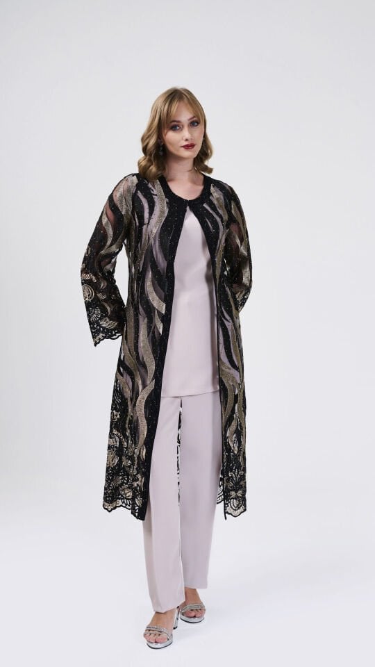 Doğaner Women | Dantel Ceket, Taş İşlemeli, Pantolonlu Kadın Takım Elbise (4197)