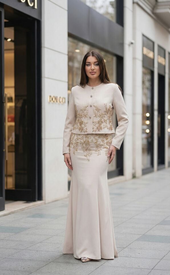 Doğaner Women | Saten Kumaş, Boncuk İşlemeli, Etekli Kadın Takım Elbise (4279)