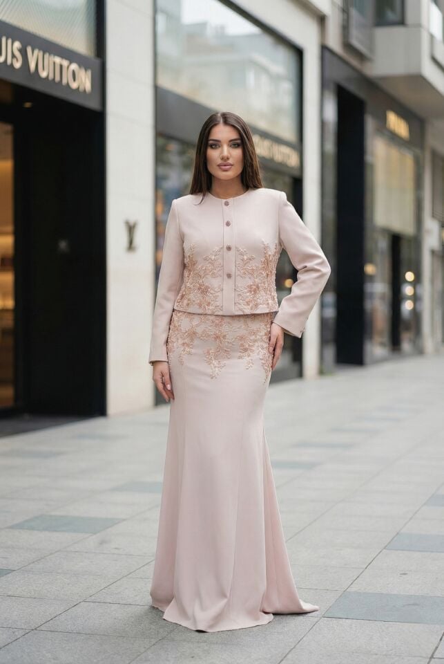 Doğaner Women | Saten Kumaş, Boncuk İşlemeli, Etekli Kadın Takım Elbise (4279)