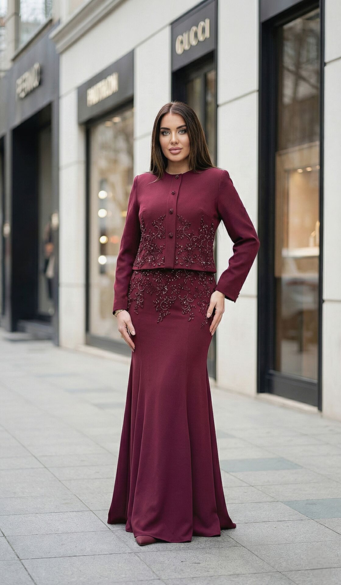 Doğaner Women | Saten Kumaş, Boncuk İşlemeli, Etekli Kadın Takım Elbise (4279)