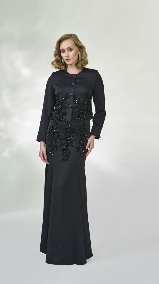 Doğaner Women | Saten Kumaş, Boncuk İşlemeli, Etekli Kadın Takım Elbise (4279)