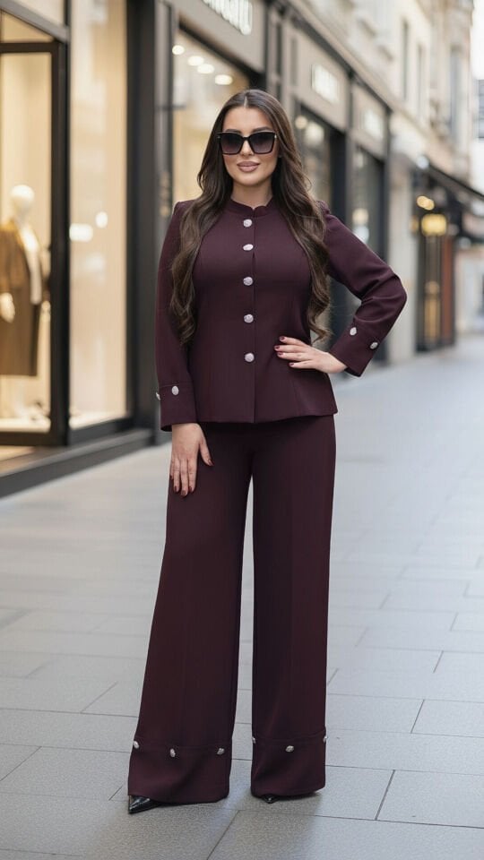 Doğaner Women | Hakim Yaka, Düğme Detaylı, Pantolonlu Kadın Takım Elbise (4426)