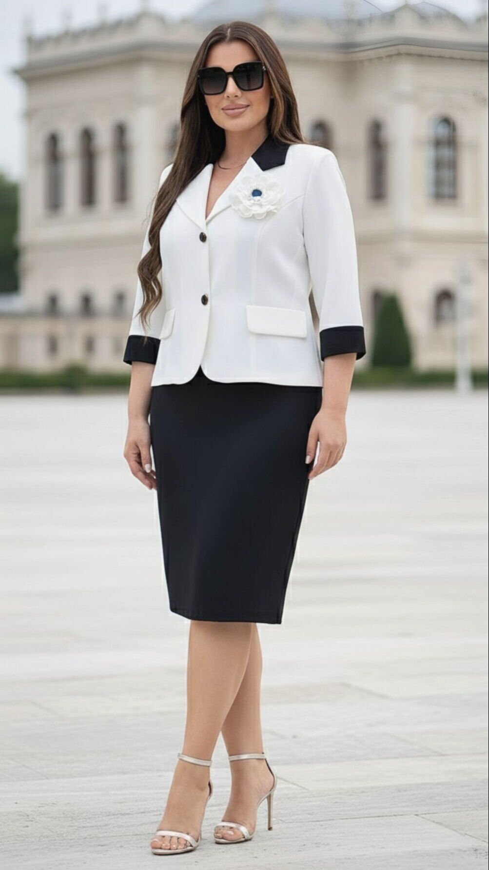 Doğaner Women | Çiçek Broş Detaylı, Etekli Kadın Takım Elbise (4428)