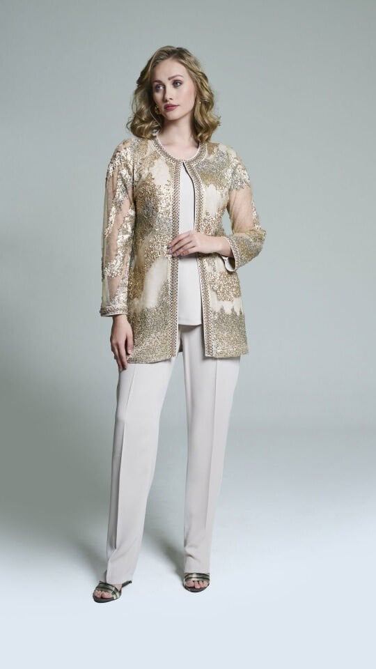 Doğaner Women | Taş İşlemeli, Dantel Ceket, Pantolonlu Kadın Takım Elbise (4169)