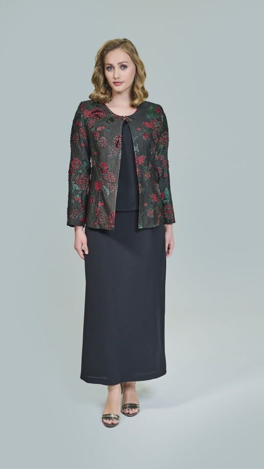 Doğaner Women | Jakar Kumaş, Boncuk İşlemeli, Etekli Kadın Takım Elbise (4312)