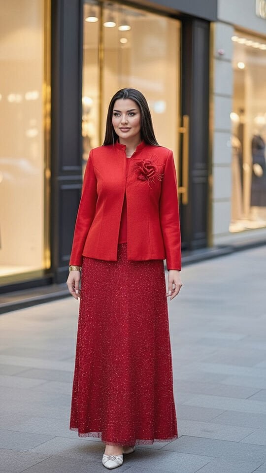 Doğaner Women | Sim Etekli, Çiçek Broş Detaylı, Etekli Kadın Takım Elbise (4418)