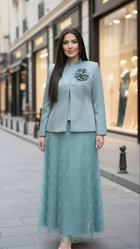 Sim Etekli, Çiçek Broş Detaylı, Etekli Kadın Takım Elbise | Doğaner Women (4418)