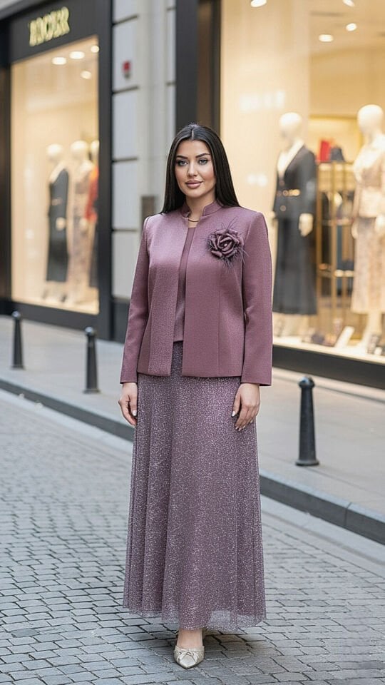 Doğaner Women | Sim Etekli, Çiçek Broş Detaylı, Etekli Kadın Takım Elbise (4418)