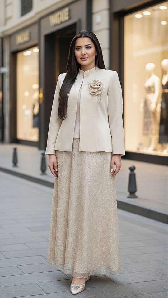 Doğaner Women | Sim Etekli, Çiçek Broş Detaylı, Etekli Kadın Takım Elbise (4418)