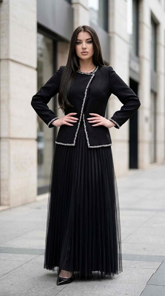 Yandan Çıtçıtlı, Pilise Etekli Kadın Takım Elbise | Doğaner Women (D81)