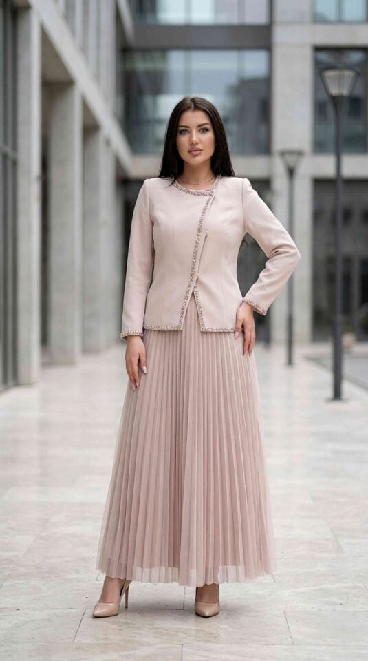 Yandan Çıtçıtlı, Pilise Etekli Kadın Takım Elbise | Doğaner Women (D81)