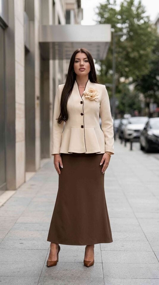 Broş Detaylı, Etekli Kadın Takım Elbise | Doğaner Women (D94)