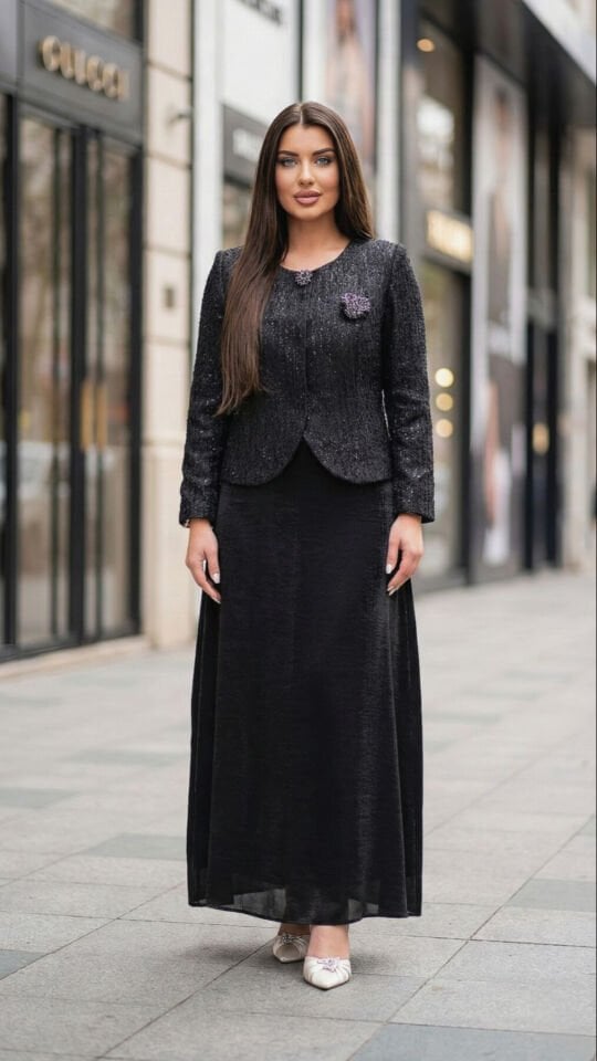 Doğaner Women | Jakar Ceket, Broş Detaylı, Etekli Kadın Takım Elbise (4438)