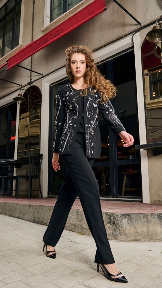 Doğaner Women | Taş İşlemeli, Pantolonlu Kadın Takım Elbise (4138)