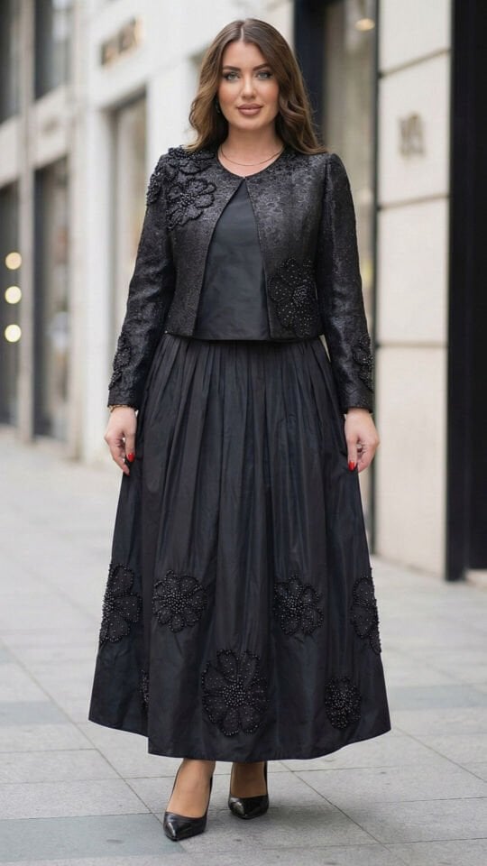 Doğaner Women | Jakar Ceket, Tafta Etek, Boncuk İşlemeli Etekli Kadın Takım Elbise (4305