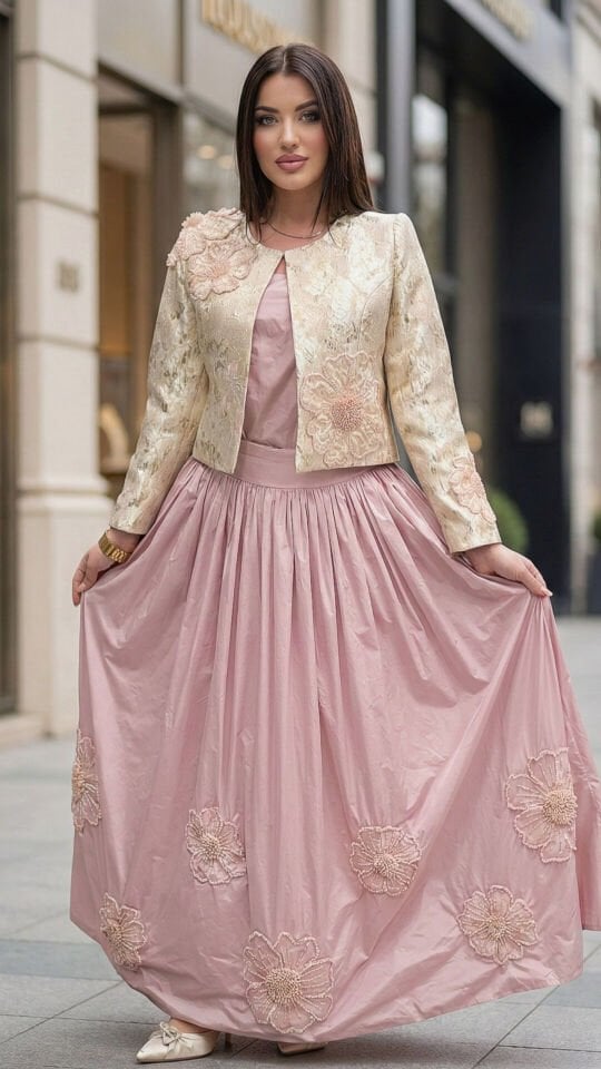 Doğaner Women | Jakar Ceket, Tafta Etek, Boncuk İşlemeli Etekli Kadın Takım Elbise (4305