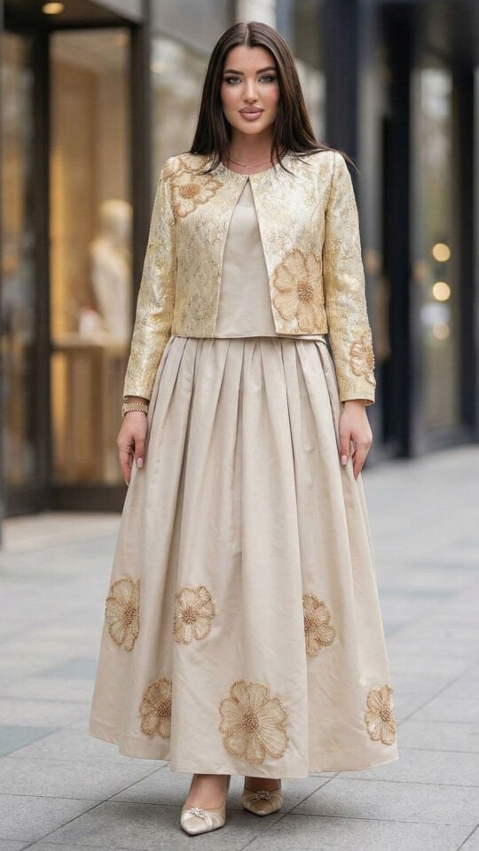 Doğaner Women | Jakar Ceket, Tafta Etek, Boncuk İşlemeli Etekli Kadın Takım Elbise (4305