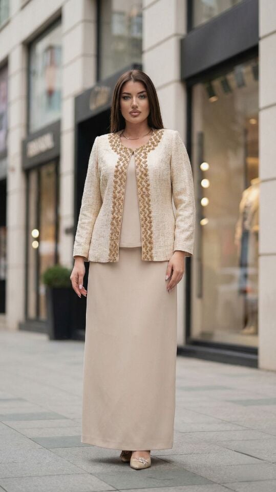 Doğaner Women | Jakar Ceket, Boncuk İşlemeli, Etekli Kadın Takım Elbise (1335)