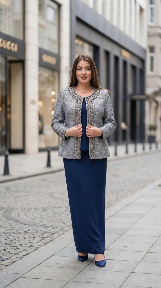 Doğaner Women | Jakar Ceket, Boncuk İşlemeli, Etekli Kadın Takım Elbise (1335)