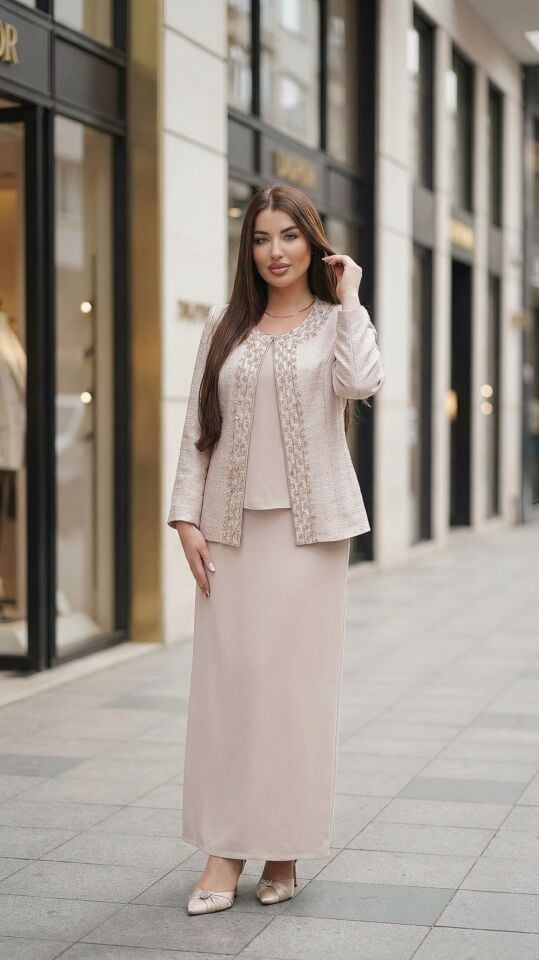 Doğaner Women | Jakar Ceket, Boncuk İşlemeli, Etekli Kadın Takım Elbise (1335)