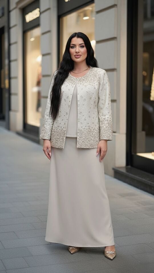 Doğaner Women | Jakar Ceket, İnci ve Taş İşlemeli, Etekli Kadın Takım Elbise (1095)