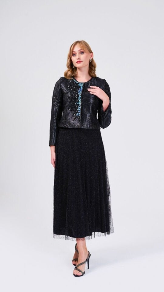 Doğaner Women | Jakar Kumaş, Boncuk İşlemeli, Etekli Kadın Takım Elbise (4199)