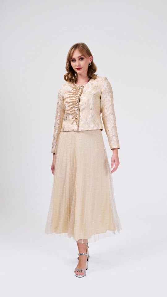 Doğaner Women | Jakar Kumaş, Boncuk İşlemeli, Etekli Kadın Takım Elbise (4199)