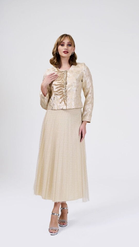 Doğaner Women | Jakar Kumaş, Boncuk İşlemeli, Etekli Kadın Takım Elbise (4199)