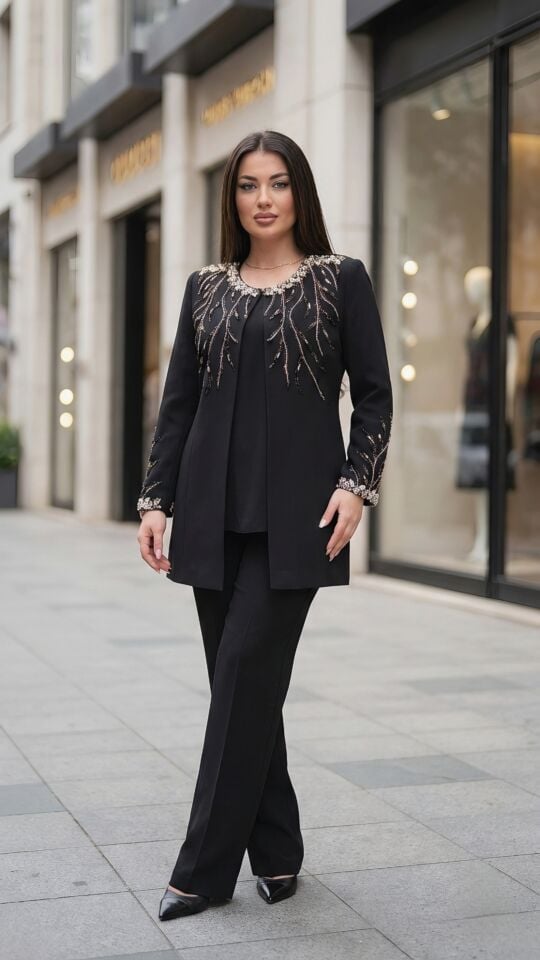 Taş İşlemeli, Pantolonlu Kadın Takım Elbise | Doğaner Women (1312)