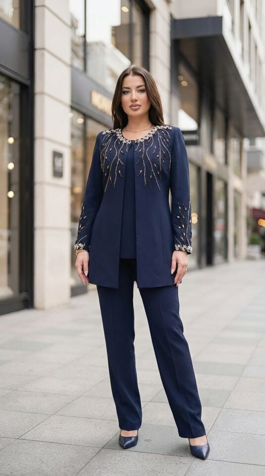 Taş İşlemeli, Pantolonlu Kadın Takım Elbise | Doğaner Women (1312)