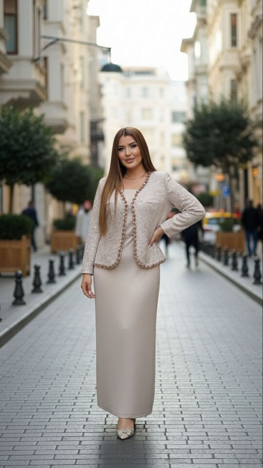 Doğaner Women | Boncuk İşlemeli, Dantel Ceket, Etekli Kadın Takım Elbise (4325)